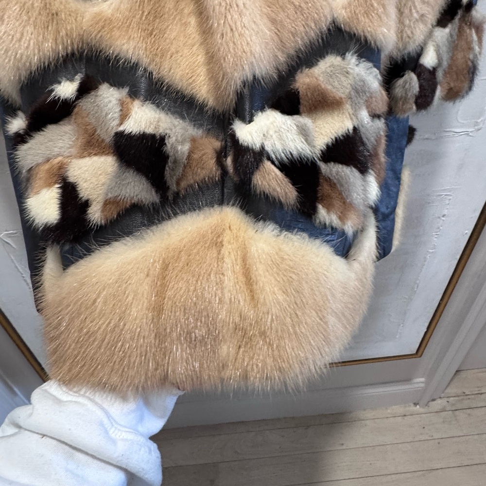 Vintage Mink Fur Patchwork Coat Leather Chevron Luxe Statement Jacket M - Picture 7 of 11